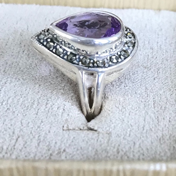 Amethyst & Marcasite Teardrop Ring - Size 6 - Picture 3 of 6